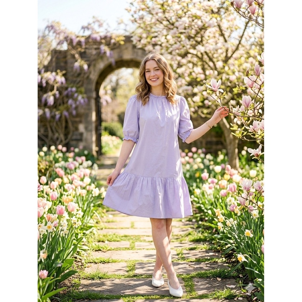 Caryn Lawn Lavender Purple Cotton Tiered Ruffle Puff Sleeve Shift Dress OSFM